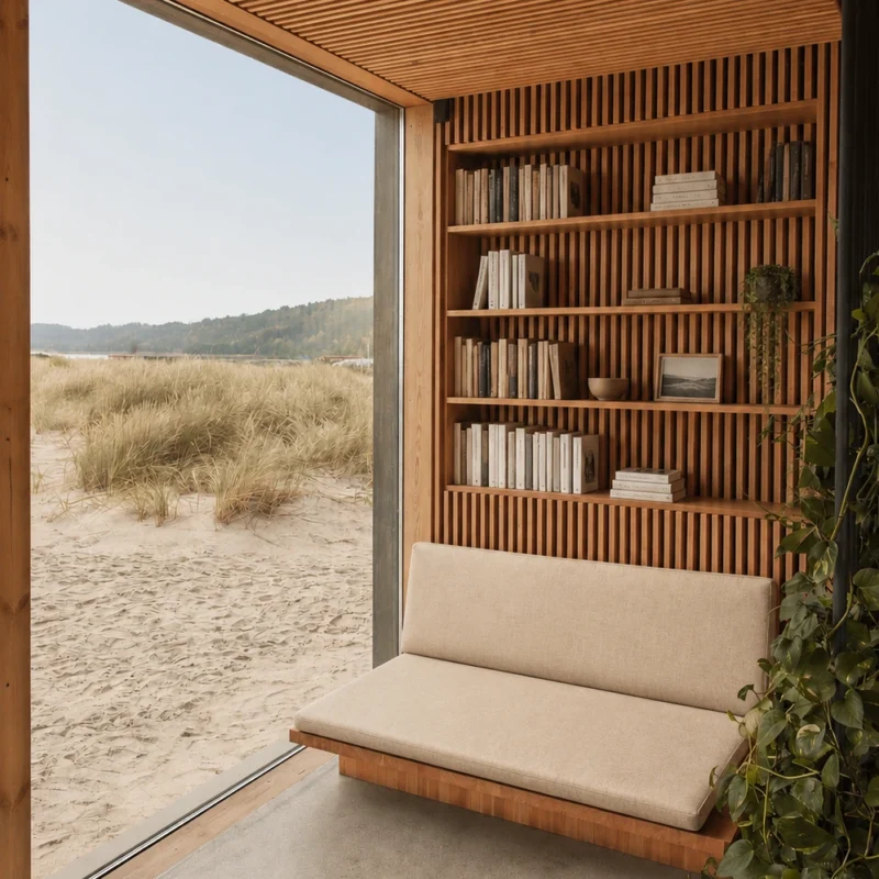 Reading nook with large window supporting home wellbeing through connection with nature
