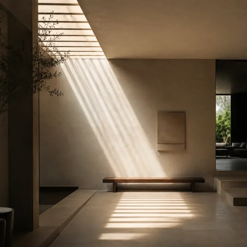 Bench illuminated by natural daylight in a calm home environment